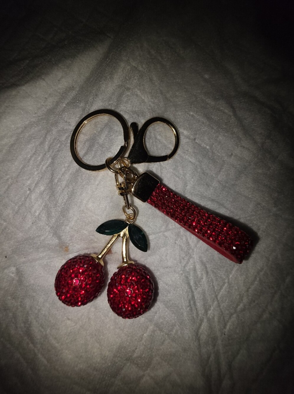 Sparkling Red Cherry Bag Charm Keychain with Gold-tone Hardware
